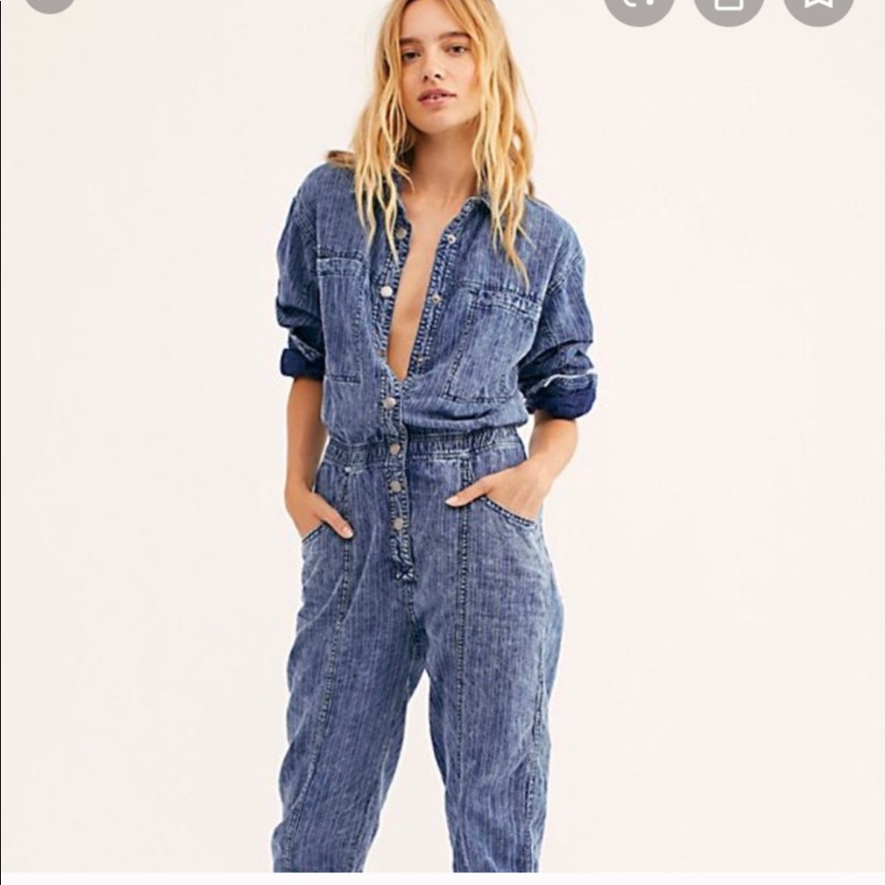 Free People Washed Blue Denim Jumpsuit